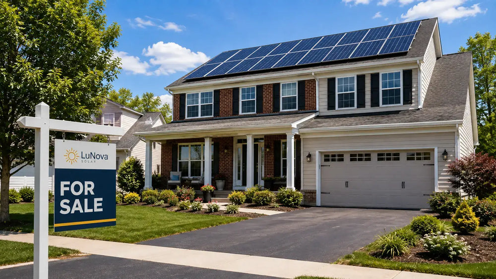 Illinois home with rooftop solar panels and a for sale sign illustrating the process of selling a house with solar