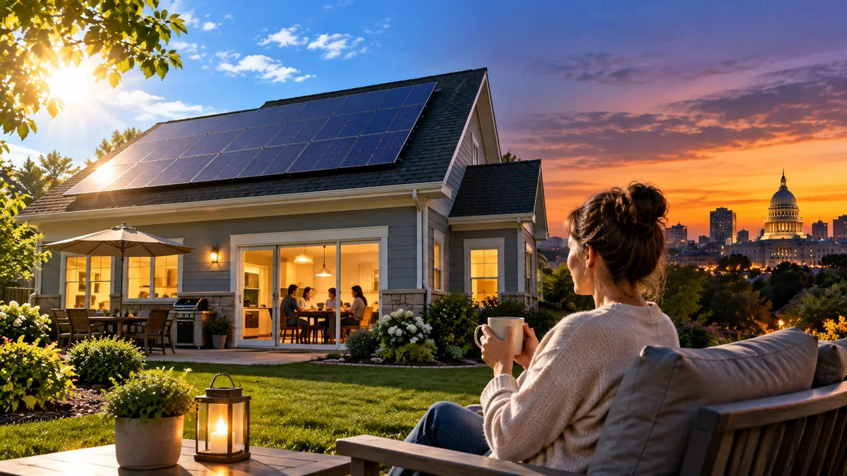 Illinois solar home transitioning from sunny afternoon to evening, illustrating how solar production and household electricity use happen at different times
