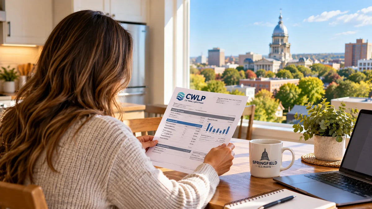 Springfield Illinois homeowner reviewing a CWLP electric bill at home with the Illinois State Capitol visible in the background