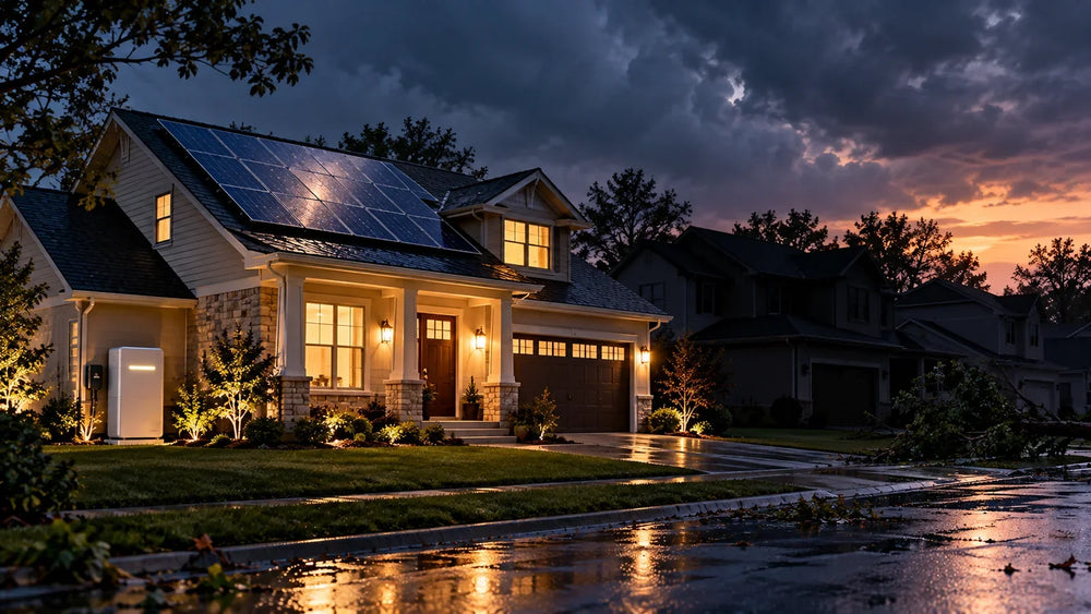 Illinois home with rooftop solar and battery backup staying powered during a neighborhood outage after a storm