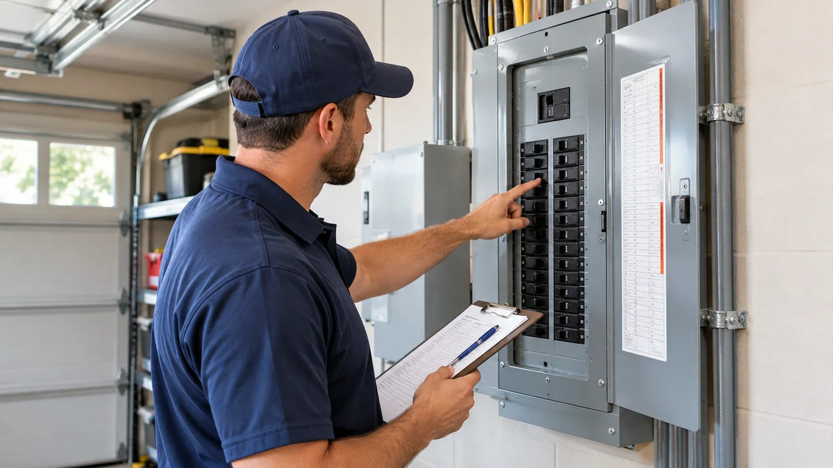 - Illinois solar technician inspecting a residential electrical breaker panel, pointing to a breaker while holding a clipboard
