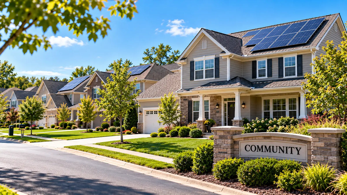 Illinois HOA neighborhood with rooftop solar panels on suburban homes, illustrating homeowner solar rights and association rules