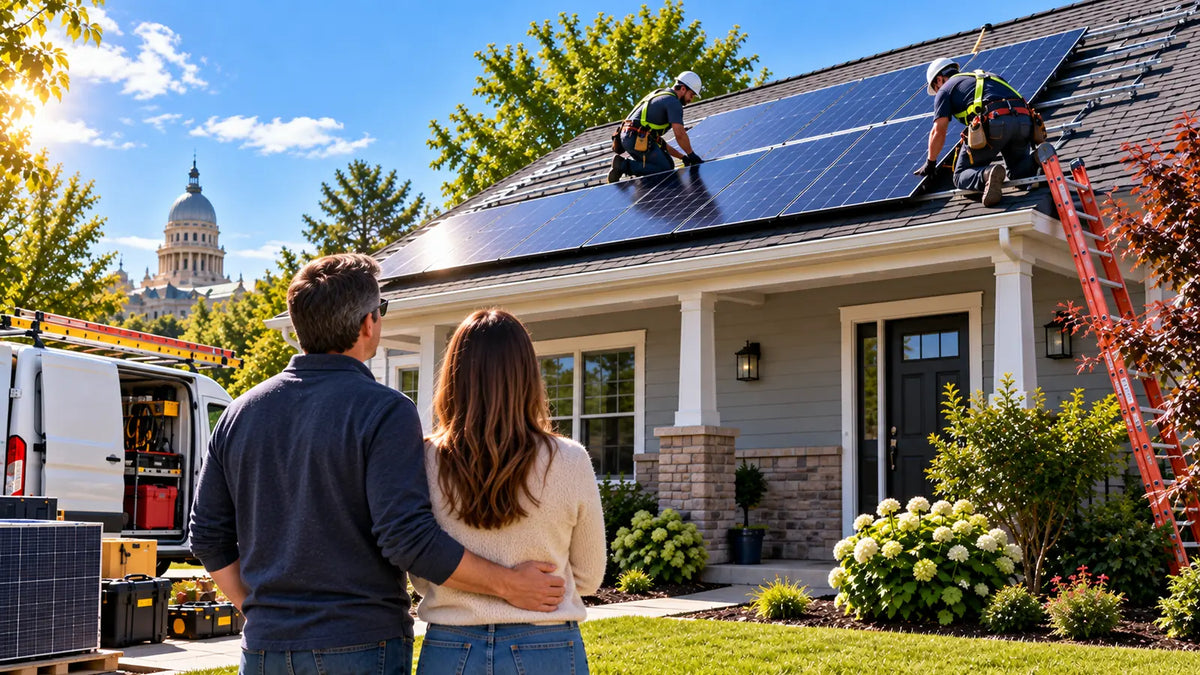 Illinois homeowners watching professional installers add rooftop solar panels to their home during the residential solar installation process