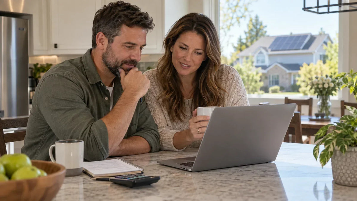 Illinois homeowners reviewing solar options on a laptop with rooftop solar visible outside their home