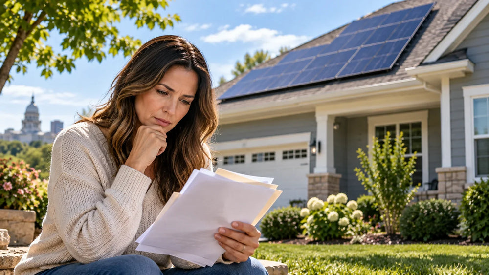 Illinois homeowner reviewing solar project paperwork outside a home with rooftop solar after the original solar company stopped operating