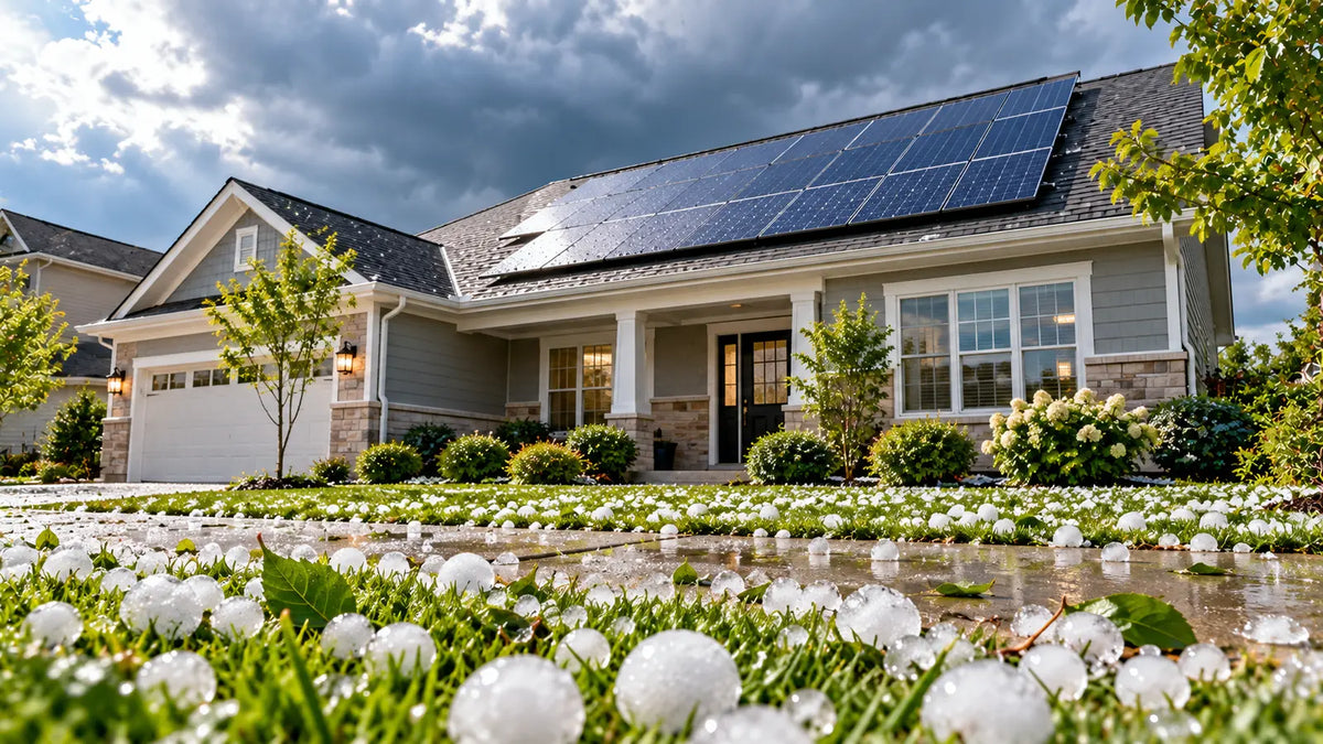 Illinois home with rooftop solar panels after a hailstorm, with hailstones on the lawn and driveway