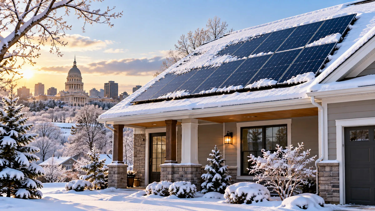 Illinois home with rooftop solar panels partially covered in fresh snow on a cold winter day