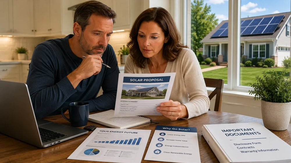 Illinois homeowners reviewing a residential solar proposal and checking important contract details before signing