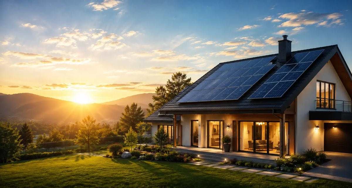 Illinois home with rooftop solar panels at sunset