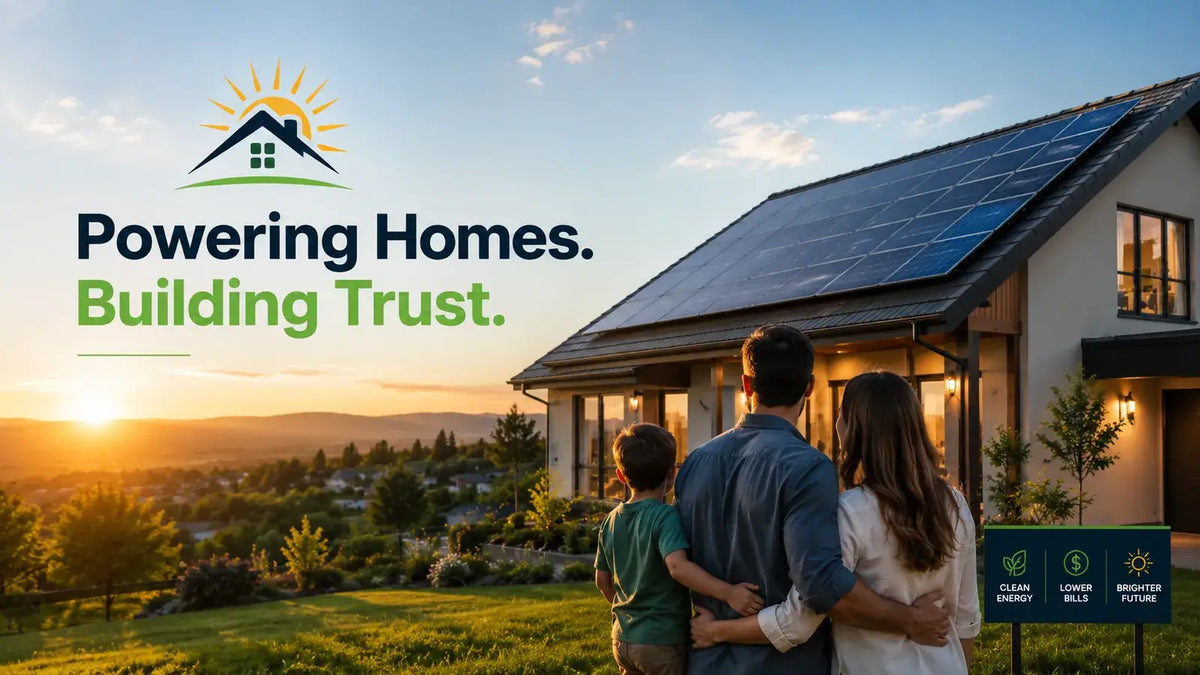 Illinois family outside a home with rooftop solar panels at sunset