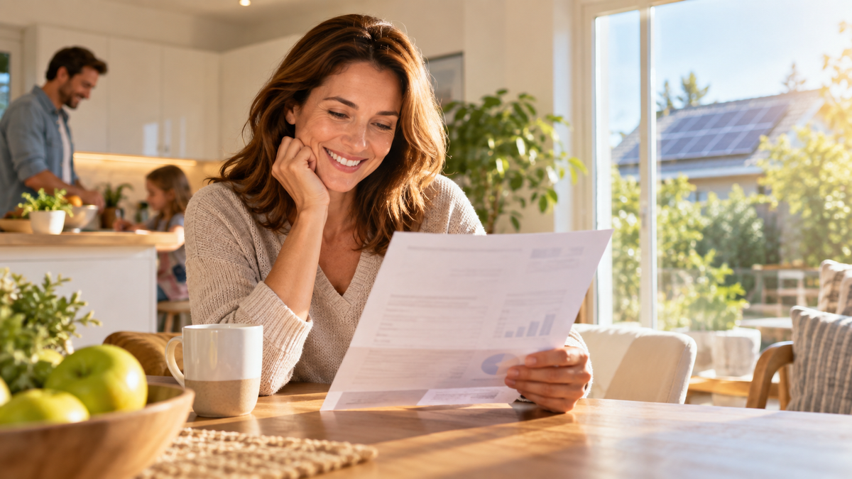 Homeowner reviewing an electric bill in a bright family kitchen