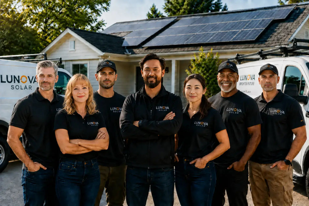 LuNova Solar team standing outside a solar-powered home with branded service vehicles.