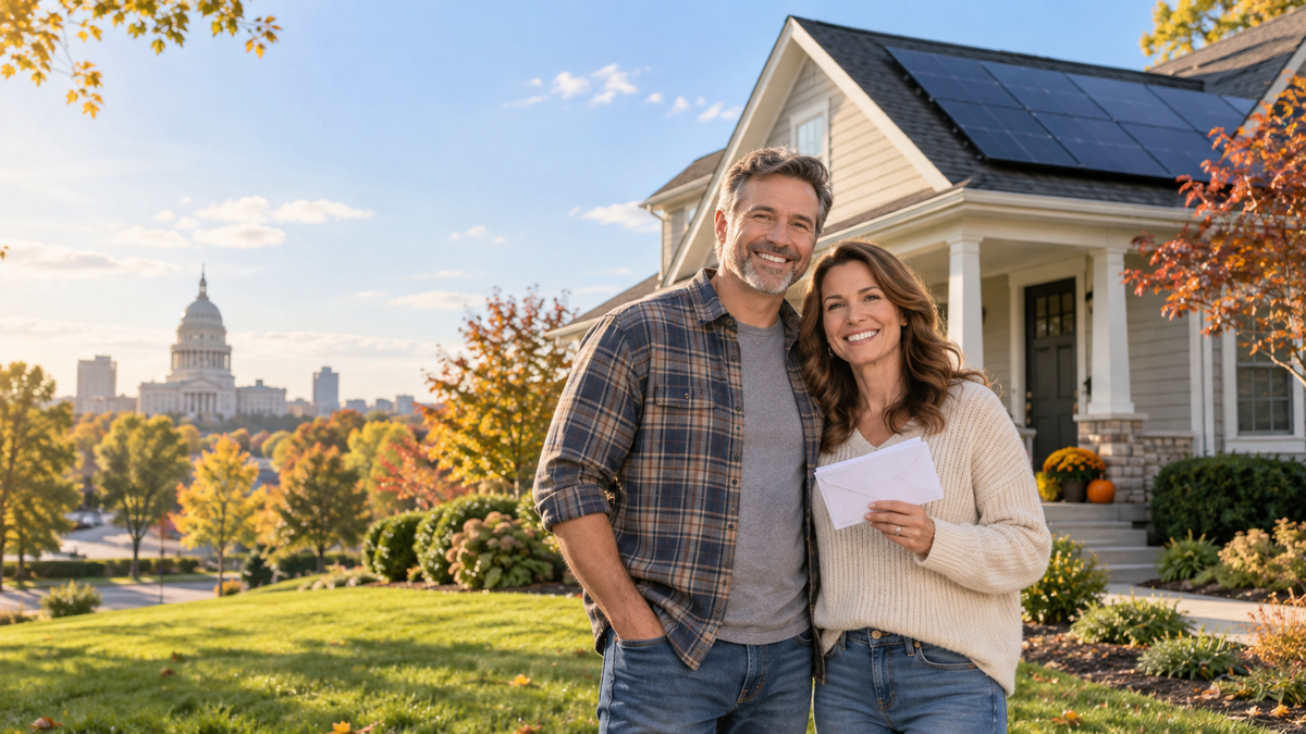 Springfield homeowners outside a solar-powered home during autumn