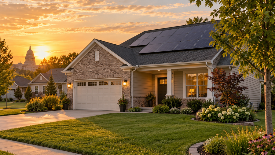 Springfield-area home with rooftop solar panels at sunset